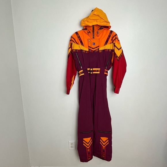 American Vintage Jackets & Blazers - Vintage Custom Ski Suit Colorblock Fulllength Hooded Zipper Pockets Belt Size S